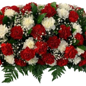 Композиция на гроб с красно-белыми гвоздиками 100 см